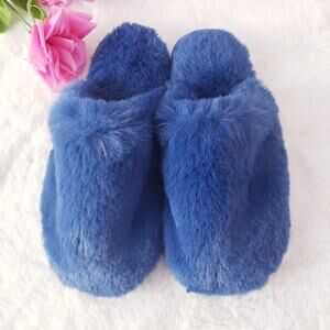 J. Crew Faux Fur House Slippers Navy Blue Plush Fuzzy Hard Sole NEW Women's 7